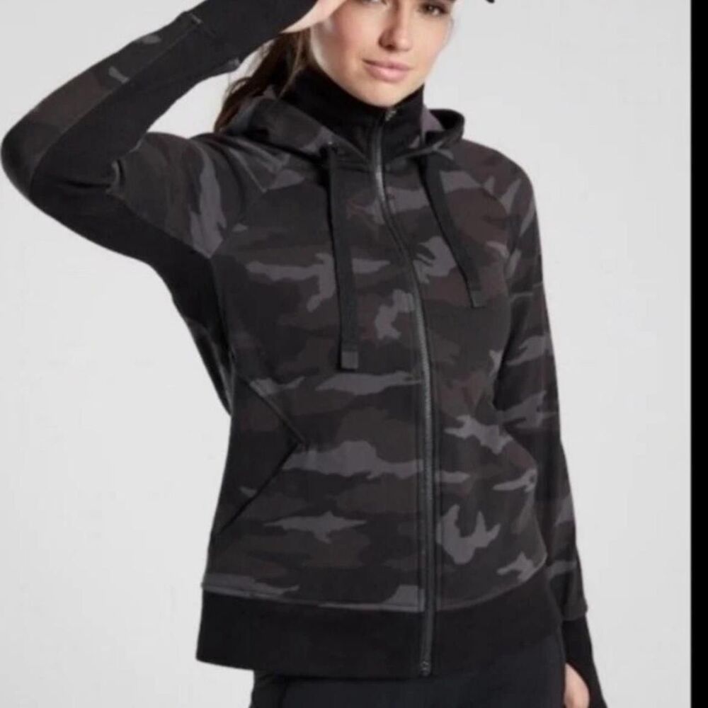 Athleta Women's Small Black and Grey Camo Hoodie Sweatshirt Full Zip